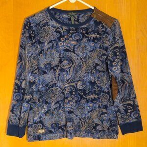LRL Lauren Jeans Co Pullover Top Womens 1X Blue Floral Paisley Y2K Elbow Patches